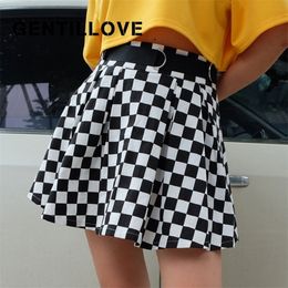 Women Plaid Pleated High Waist Belt Short Mini Casual Korean Harajuku Dancing Club Outwear Aline Skirt 210306