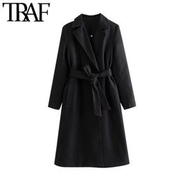 TRAF Women Fashion With Belt Side Pockets Woollen Coat Vintage Long Sleeve Back Vents Female Outerwear Chic Overcoat 201102