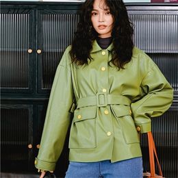 FTLZZ High Street Women Leather Jacket Green Faux Leather Jacket With Belt Punk Black Jackets Ladies Basic Coats Loose Outwear 220815