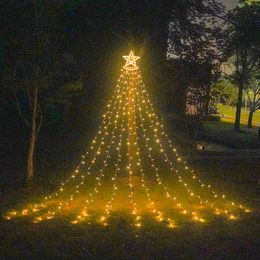 Suministros de fiesta LED Pentagram Waterfall Luz de Navidad Luz de árbol colgante Flujo Fluyendo Agua al aire libre Control remoto Luces solares