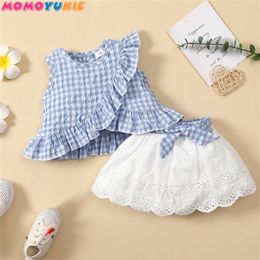 Fashion born Toddler Baby Girls Clothes Sets ruffless plaid Sleeveless Romper Tops Bow Skirts lace 2pcs Outfit Set 220425