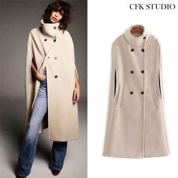 2020 New Za Autumn Women Long Cloak With Turtleneck Collar Double Button Solid Casual Elegant Wool Cream Outerwear Party Coat LJ201106