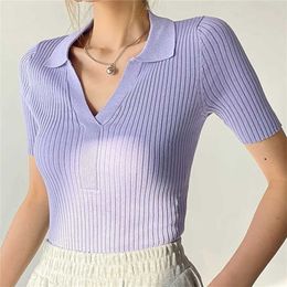 FABPOP Polo Neck Turn Down Collar Short Sleeve Streetwear Bodysuits Women Knitted Romper GB715 210709