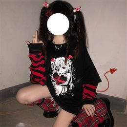 Emo Style Women Streetwear Gothic Anime Sweatshirts Punk Long Sleeve 2000s Graphic Tees Y2k Fairy Grunge Goth Egirl Alt Clothes 220817