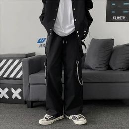 Goth Punk Black Cargo Pants With Chain Streetwear Men Wide Leg Trousers Harajuku Hip Hop Hombre Casual Joggers Pantalon Homme 220809