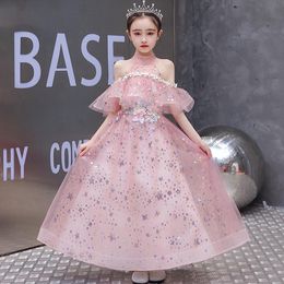 Pink Bling Sequin Pageant Fluffy Off The Shoulder Ruched Flower Girl Ball Gowns High Low Party Dresses For Girls 403