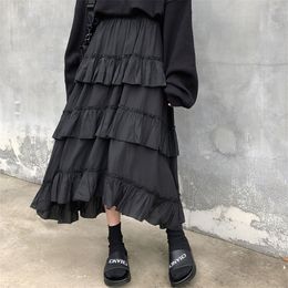 HOUZHOU Black Long Skirt Gothic High Low Ruched Ruffle Waisted Asymmetrical Midi Skirt Korean Fashion Goth Grunge 220322