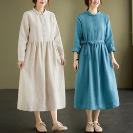 -Robes décontractées 2022 Femmes Femmes Solide Manches longues Spring Spring Coton Robe Vintage Mori Style Linge d'automne pour