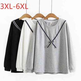 New Ladies Spring Autumn Plus Size Tops For Women Large Pullover Long Sleeve Cotton Gray Loose Bow Sweatshirt 3XL 4XL 5XL 6XL L220706