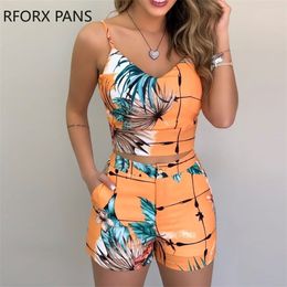 Summer Women Elegant Vacation Print Spaghetti Strap Crop Top & Short Sets T200325