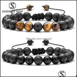 Link Chain Bracelets Jewelry New Arrival 8 Mm Tiger Eye Stone Bracelet For Wome Men Adjustable Round Volcanic Lava Black Beads Bracel Dhdbq