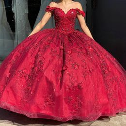 빨간 3D 꽃 아플리케 레이스 Quinceanera 드레스 볼 가운 어깨 구슬 수정 대회 생일 파티 스위트 15