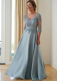 3/4 Long Sleeves Lace Mother of the Bride Dresses Appliques Floor Length V Neck Chiffon Wedding Guest Gowns Evening Dress