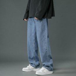 メンズジーンズストリートウェアバギーメンプラスサイズS-5XLファッションルーズストレートワイドレッグパンツブラックライトブルー男性カジュアル服