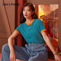 SAM'S TREE Black Solid Letter Embroidery Women Casual TShirts Spring New Colorblock Short Sleeve Korean Ladies Daily Tops T200512