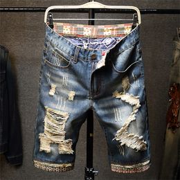 Summer Men's Ripped Short Jeans Streetwear Big Hole Fashion Vintage Blue Slim Denim Shorts Brand Clothes 220507