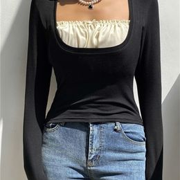 Vintage Patchwork Slim Tops Tee Long Sleeves Square Collar Retro Casual Tshirts Aesthetic Korean Chic Autumn Cloth Cuteandpsycho 220407