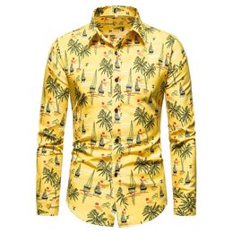 50kg100kg Spring Island Coconut Sailing Beach Holiday Hawaiian Shirt Regular Fit Button Down Yellow White Long Sleeve Shirts 210412