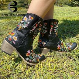 BONJOMARISA Brand Fashion High Quality Pointed Toe Western Boots For Women Chunky Embroidery Casual Walking Work 220813