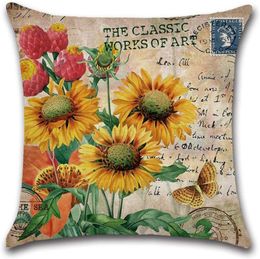 Cushion/Decorative Pillow Retro Yellow Floral Leaves Decorative Sunflower Cushion Linen Pillowcase For Home Decoration Sofa CustomizedCushio