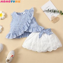 Fashion born Toddler Baby Girls Clothes Sets ruffless plaid Sleeveless Romper Tops Bow Skirts lace 2pcs Outfit Set 220507