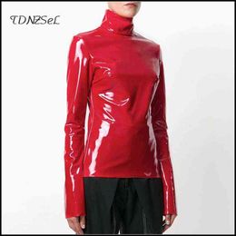 Women Faux Patent Leather Turtleneck Tops Long Sleeve Shirt Zipper PVC Highstreet Turtleneck Warm Pullover Red Leather Clothes L220728