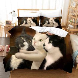 Animal Cat Duvet Cover King Queen Black White Funny Cute Pet Kitty Bedding Set for Kids Teens Adult Fashion Soft Comforter