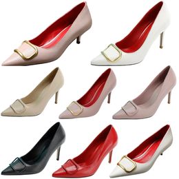 2022 High Quality Womens Shoes Classic Gold Letter Metal decoration Genuine Leather Brand Sexy Red Bottoms Heels Fashion Pointed shoes Whole set packing