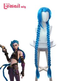 L-email wig Synthetic Hair Game LOL Arcane Jinx Cosplay Wig 130cm Long Blue Colour Straight Heat Resistant Women Wigs220505