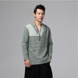 Men's Long Sleeves Kong Fu Shirts V-Neck Line Base Wear Chinese Style Retro Solid Colour Loose Autumn Clothing SY0004