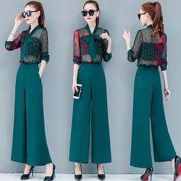 Women's Tracksuits Women Two Pieces Set Long Sleeve Floral Chiffon Tops Blouse Shirt And Wide Leg Pants Trousers Lady Spring Autumn 2 SetsWo