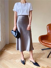 Casual Dresses Silk Satin Skirts For Women High Waisted Skirt 2022 A-Line Elegant Summer Pink Midi Korean StyleCasual