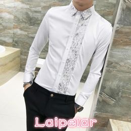 Men's Dress Shirts Sexy Lace Patchwork Shirt Men Spring Slim Fit Long Sleeve Tuxedo Night Club Work Blouse 3XL-M