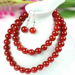 New Natural 12mm Red Jade Gemstone Round Beads Necklace 36'' Earring Set