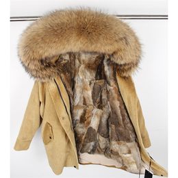 winter Natural rabbit fur lining jacket coat Women parka fur coat Corduroy real raccoon fur collar warm Long parkas CJ191206