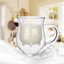 Creative Tumblers Cow Double Layer Glass Creamer Cup 250ml Lovely Milk Jug Juice Tea Coffee Cups Clear Glasses Mug Milk Frother Pitcher ZC1215