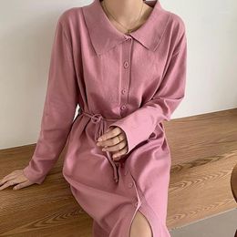 Casual Dresses Gkfnmt Women Solid Warm Sashes Dress Knitted Long Sleeve Midi Button Autumn Streetwear Belt Pink Black 2022