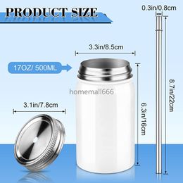 Sublimation Blank Jar Tumbler 17 Oz/ 500 Ml White Wide Mouth Stainless Steel Cups Tumbler with Screw-top Lids and Straws for Sublimation Oven Mug Press Machine AA