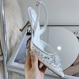 Elbise ayakkabıları rc stiletto elbise ayakkabıları lüks tasarımcılar kristal süslenmiş mokasenler için kadın slingbacks dantel pompalar ayakkabı en iyi kalite 7.5cm yüksek