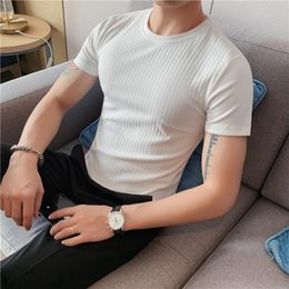 Men's T-Shirts Summer 2022 Thin Dark Striped T Shirt Men's Clothes Short Sleeved Round Neck Slim Fit Elastic Tee Tops All-match Bottomin