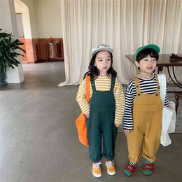 Spring Autumn siblings 3 colors casual overalls boys and girls cotton loose all-match suspenders 210708