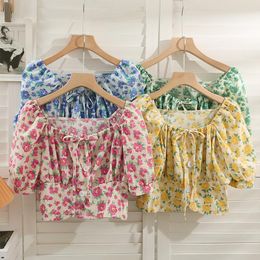 Women's Blouses & Shirts Chic Butterfly Vintage Floral Print Korean Fashion Blouse Woman Cute Crop Top Femme Blusas Summer Women ClothesWome