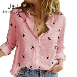 Jocoo Jolee Women Cotton and Linen Blouse Spring Summer Long Sleeve Birds Print Loose Shirts Vintage Streetwear Tops Tunic S5XL 210401