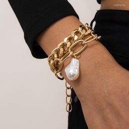 Punk Vintage Pearl Pendant Bracelets & Bangles For Women Gold Silver Color Thick Chain Metal Bracelet Baroque Jewelry Link