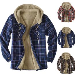 Men's Jackets Men's Autumn And Winter Large Plaid Pocket Hooded Loose Coat Velvet Shirt Top Fleece Jacket MenMen's