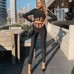 Women Clothing Set Sexy Long Sleeve Mesh Black Bodycon Bandage Two Pieces Set Celebrity High Street Party Crop Tops Pants 210331