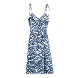 French Style Blue White Dot Print Adjust Spaghetti Strap Dress Retro Sexy Women Sling Slit Dresses Vestido 220511