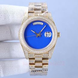 Blue Dial Watch Zircon Luxury Iced Out Diamond Men 40mm DAYDATE Automatic Mechanical 3A Sweeping Popular Brand 16233 Sapphire Glass Yellow Gold Wristwatch