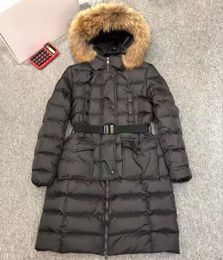 Piumino lungo da donna Khloe Designer Cappuccio in pelliccia di volpe Capispalla Chiusura con cerniera invernale Tasche per cintura Cappotto spesso e caldo