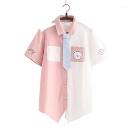 Women's Blouses & Shirts Harajuku Bear Print Short Sleeve Shirt With Tie Women 2022 Summer Turndown Collar Female Cotton Patchwork Casual Po